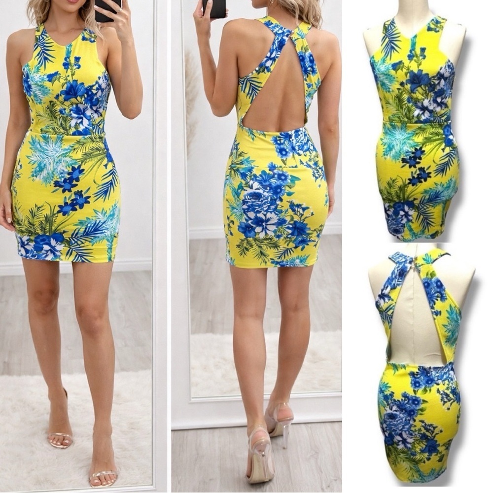 152 Vintage Shop |NWOT USA Yellow Tropical Floral Open Back Bodycon Dress (sz M)